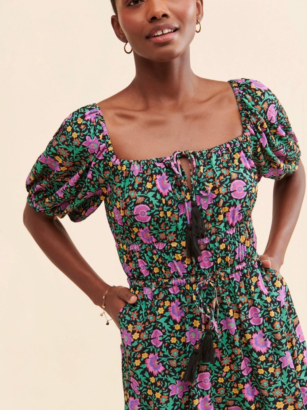 Spell Black Floral Square-Neck Wide-Leg Jumpsuit with Pink Flowers - Picture 3 of 10